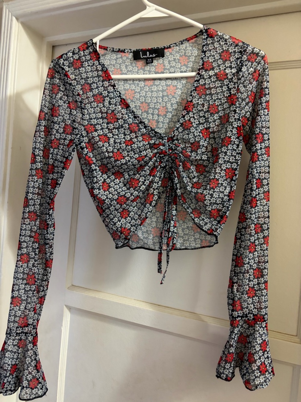 Lulu's Black Sheer Red & White Floral Tie-Front Crop Top